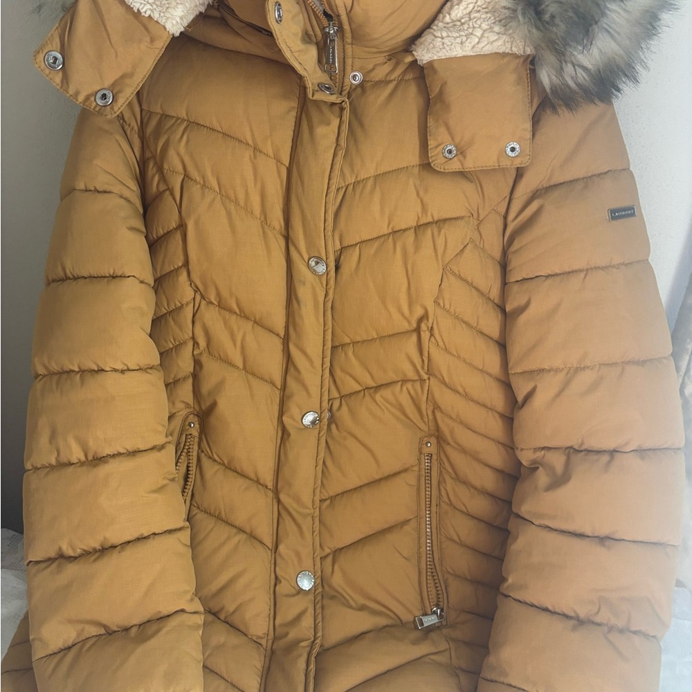 Laundry By Shelli Segal Camel Puffer Jacket with Faux Fur Hood